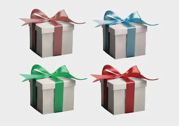 Renkli kurdeleli ve fiyonklu dört hediye kutusu..