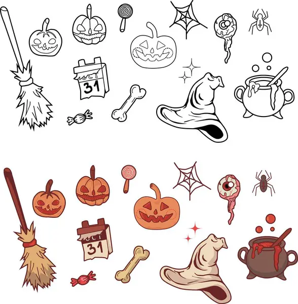 Siyah beyaz çizgiler ve renkler halinde ürkütücü Cadılar Bayramı çizimleri..