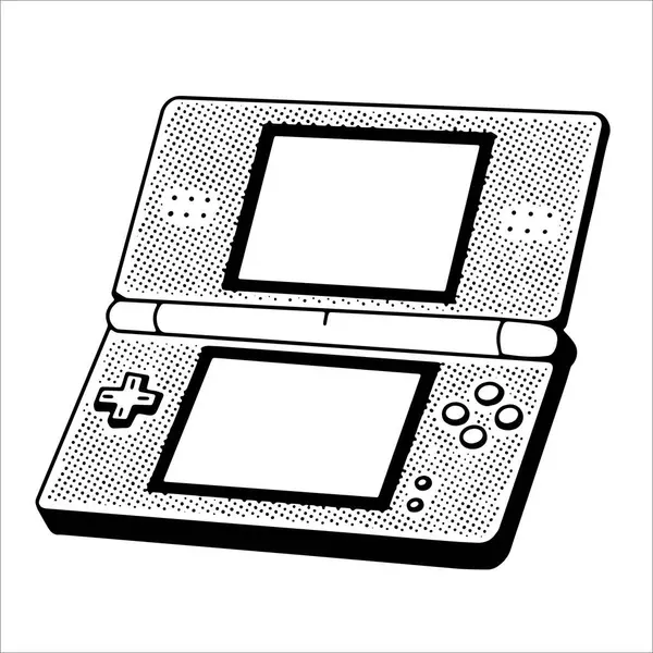 Bir el bilgisayarı oyun konsolunun siyah-beyaz, komik bir çizimi.