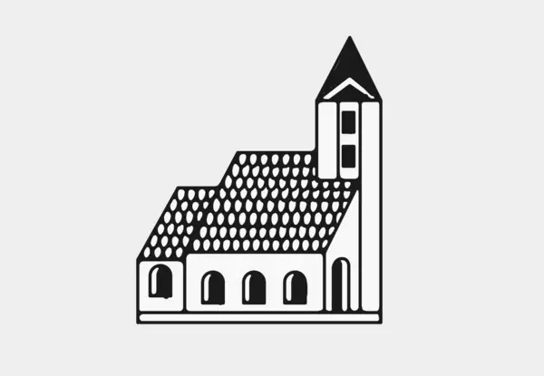 Çan kulesi olan bir kilisenin siyah beyaz çizgisi..