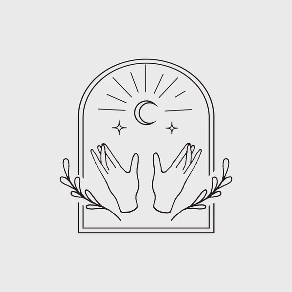 Dekoratif kavisli çerçevedeki el, ay ve yıldızların soyut çizimi.