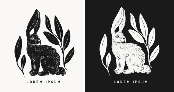 Tersine çevrilebilir siyah ve beyaz bir dizaynda iki tavşanın ayrıntılı çizimi.