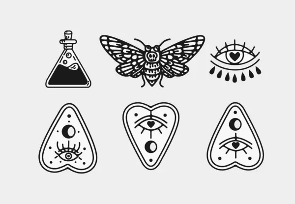 Şişeler, güveler, gözler ve planchetlerden oluşan altı okült çizim dizaynı.