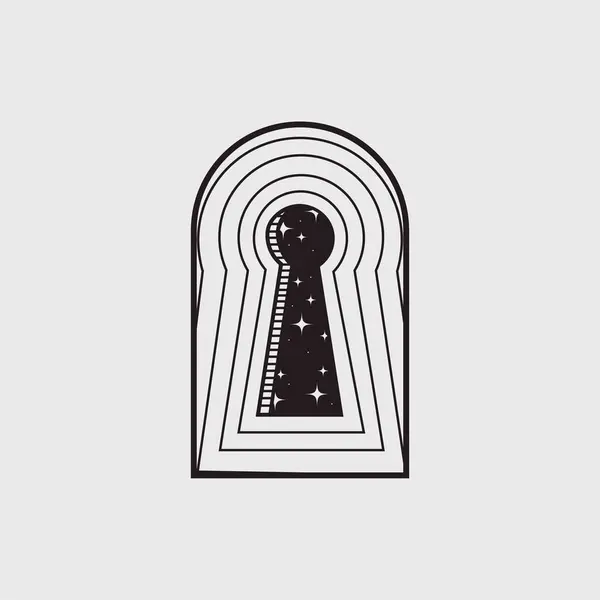 Uygulamalar ve web sayfaları için ideal, yıldızlı bir evren içeren mistik bir anahtar deliği çizimi.