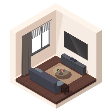 isometric living room with tv and sofa, vector illustration