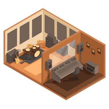 isometric music studio with equipment, vector illustration