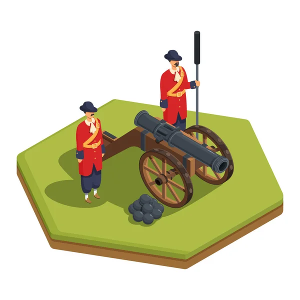 Isometric Old Soldiers Cannon Vector Illustration — Stockvector