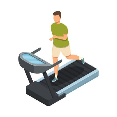 isometric man running on a treadmill, vector illustration
