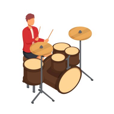 isometric drummer playing drums, vector illustration
