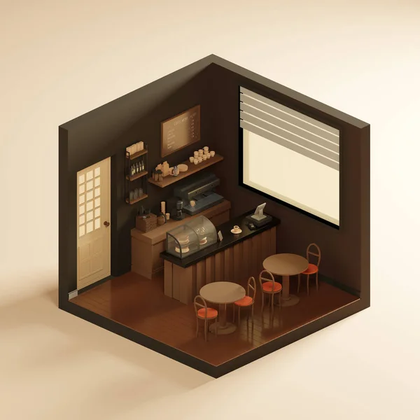 Interior Isométrico Café Com Mesas Equipamentos Pela Manhã Ilustração — Fotografia de Stock
