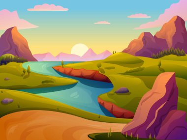 Dağlı ve nehirli vadi manzarası, vektör illüstrasyonu