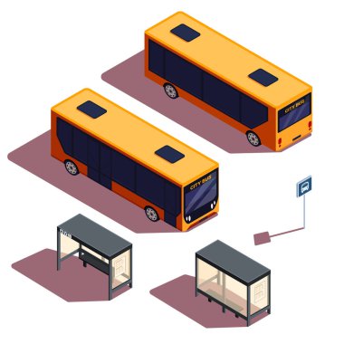 Otobüs ve otobüs duraklarının izometrik simge kümesi, vektör illüstrasyonu