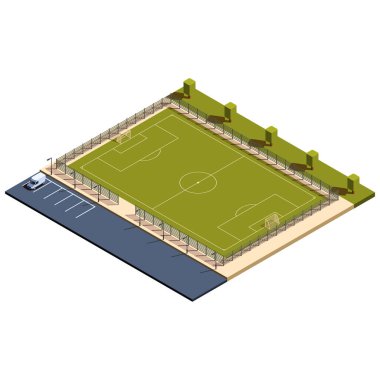 Otoparkı ve çiti olan izometrik futbol sahası, vektör çizimi