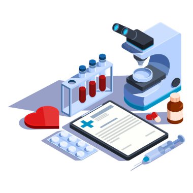 İzometrik tıbbi malzemeler ve mikroskop konsepti, vektör illüstrasyonu