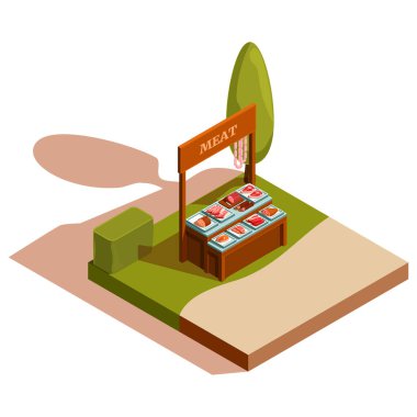 Çiftçi pazarındaki izometrik kasap standı, vektör illüstrasyonu