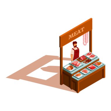 Çiftçilerin pazarında kasap ve vektör illüstrasyonuyla izometrik kasap duruşu