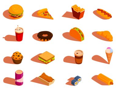 izometrik abur cubur seti ve fast food, vektör illüstrasyonu