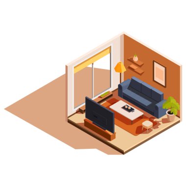 Mobilyalı ve televizyonlu izometrik oturma odası, vektör illüstrasyonu