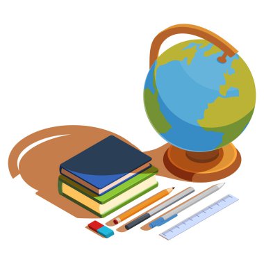 İzometrik okul malzemeleri, vektör illüstrasyonu