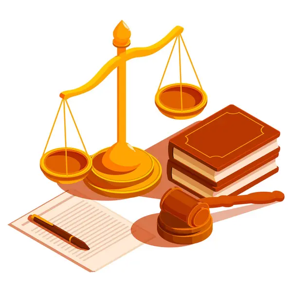 Mahkeme hukuku ile ilgili izometrik ögeler çekiç ve vektör illüstrasyonu