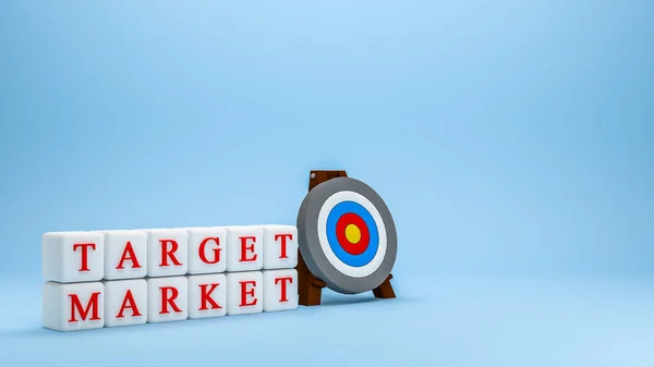 Target market with target board and arrow on blue background 3D illustration, business organization targeting market concept