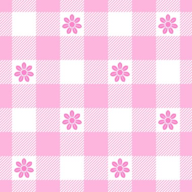 Pembe alt tonlu parlak renkli çiçeklerle kusursuz gingham deseni, ambalaj kağıdı, duvar kağıdı, arkaplan ve diğer kumaş tasarımları için dekorasyon.