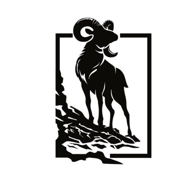 Kaya ve kare arkaplan resimli argali dağ koyun silueti