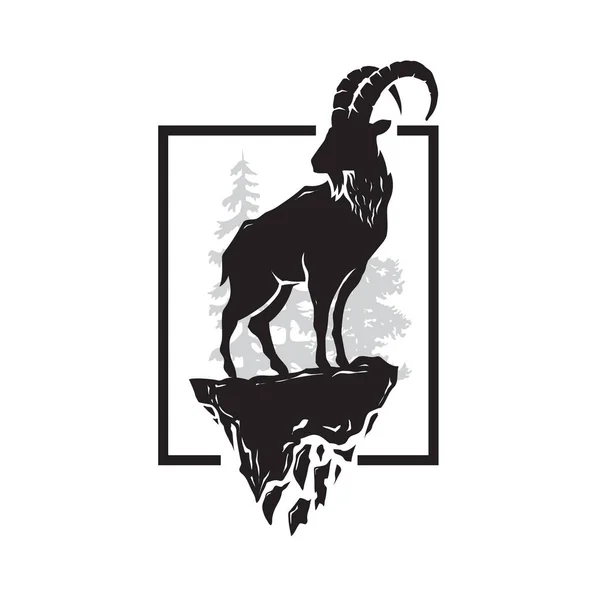 Silhueta Alpina Ibex Floresta Fundo Quadrado Ilustração Vetorial — Vetor de Stock