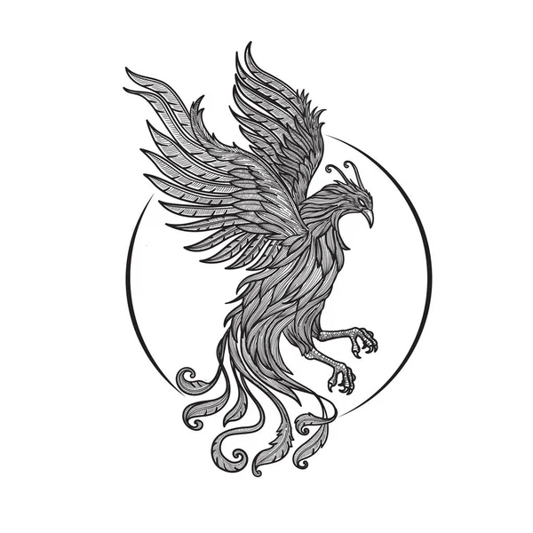 Ručně Kreslené Phoenix Fire Pták Ilustrace Charakter Design — Stockový vektor