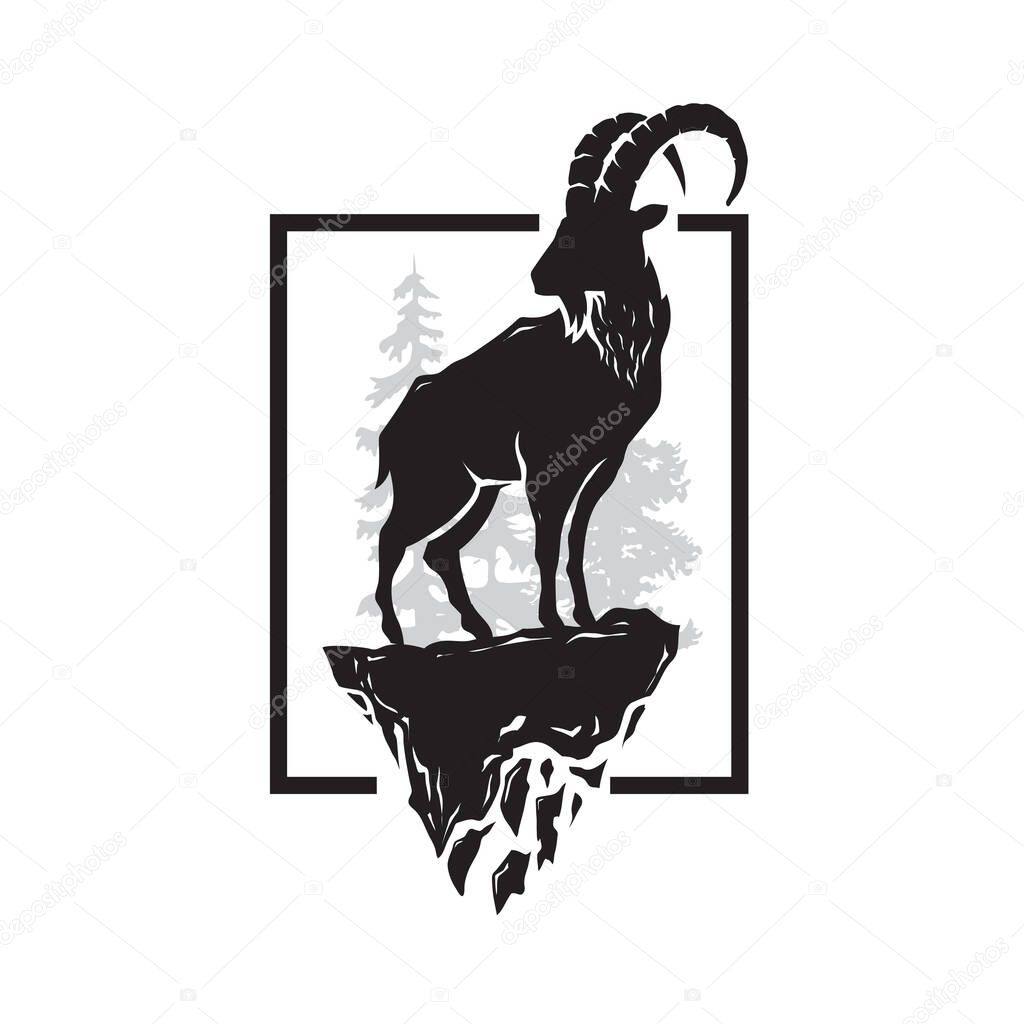 Alpine ibex silhouette and forest at square background Vector illustration