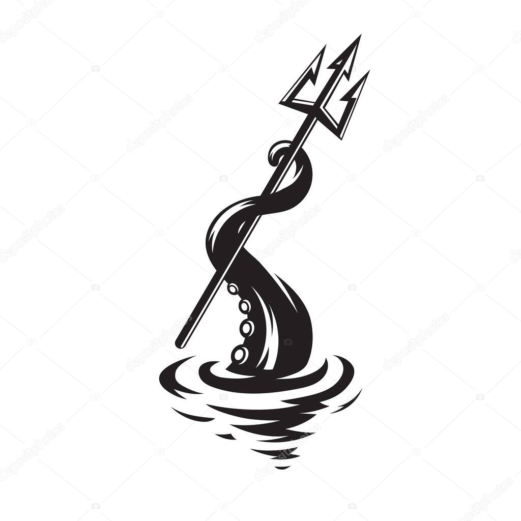 Tentacle and trident vector illustration. Kraken spear icon. Deep sea monster nautical mythology.