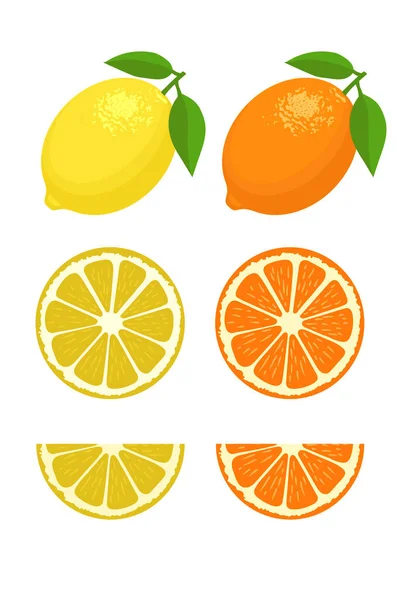 Set Limone Fetta Limone Frutta Foglia Sfondo Bianco Illustrazione Vettoriale — Vettoriale Stock