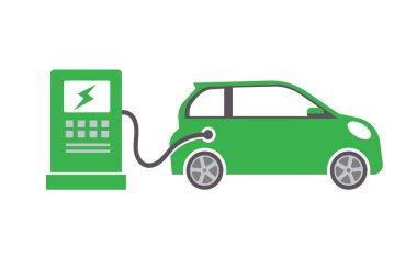 Elektrikli taşıt şarj istasyonu. Elektrikli araba sembolü. Şarj kablosu olan elektrikli araba simgesi.