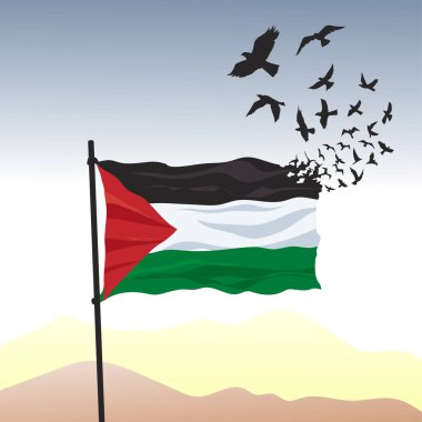 Waving Palestine Flag with bird freedom fly , Palestine flag for independence day. clipart