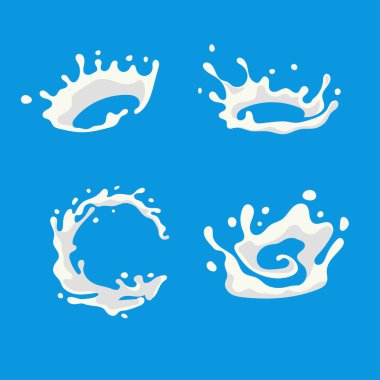 Mavi arkaplanda izole edilmiş süt sıçramalarının vektör koleksiyonu