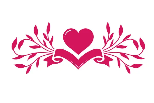 Valentinstag Herz Liebe Mit Schleife Und Floralen Vektor Illustration Design Vektorgrafiken