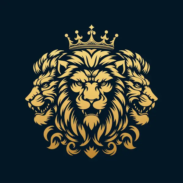 Golden Three Lion Kings Isolated Black Background Vector Vetor De Stock