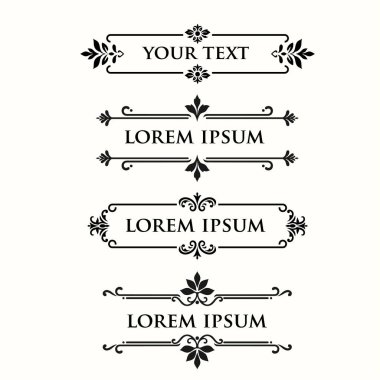 Merkezinde metin bulunan klasik çiçek süsü kenarı, kaligrafik ayırıcıların vektör illüstrasyonu ve çiçek sayfası ögeleri koleksiyonu