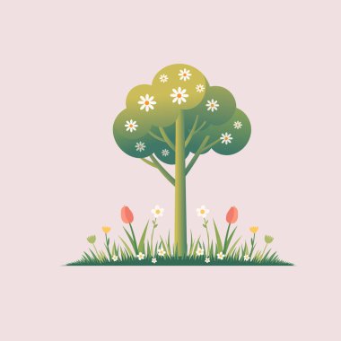 Çiçekli yeşil yapraklı bir bahar ağacı Vektör illüstrasyonu, kiraz çiçeği ağacı vektörü,