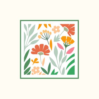 Kare çerçeve vektör illüstrasyonunda el çizimi dekoratif çiçek ve yaprak