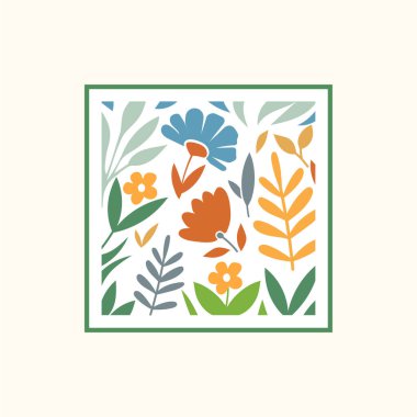 Kare çerçeve vektör illüstrasyonunda el çizimi dekoratif çiçek ve yaprak