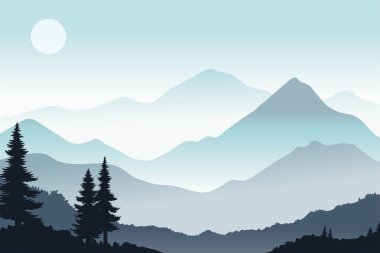 El çizimi düz dağ manzarası gradyanı, çam ağacıyla dağ arkaplanının vektör çizimi
