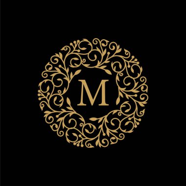 Altın Daire Rozet Kaligrafi süslemesi. Baş harfi M harfiyle. Süslü lüks altın tasarım vektör çizimi