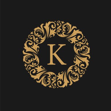 Altın Daire Rozet Kaligrafi süslemesi. Baş harfi K harfiyle. Süslü lüks altın tasarım vektör çizimi