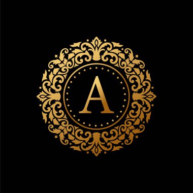 Altın Daire Rozet Kaligrafi süslemesi. Büyük harfle A harfi. Süslü lüks altın tasarım vektör çizimi