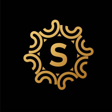Altın Daire Rozet Kaligrafi süslemesi. Büyük harf S ile. Süslü lüks altın tasarım vektör çizimi