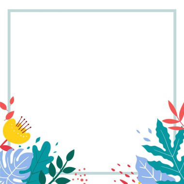 Tebrik kartı ya da düğün davetiyesi için çiçek çerçevesi. Basit doğa deseni bırakır. Yaratıcı arka plan. Çiçekli soyut modern geometrik.,