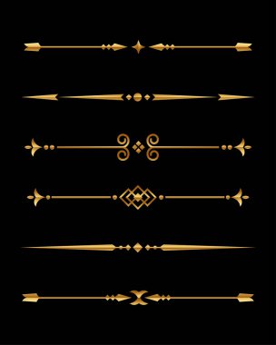 altın metin bölücü demet tasarım unsuru siyah arkaplan, dekoratif zarif eski çizgiler çerçeve sınırını metin vektörü için ayırır