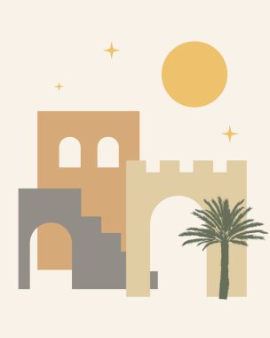 Palmiye ağacı manzaralı İslami ve Arap minimalist. Fas mimari sahnesi. Bir Fas sarayı