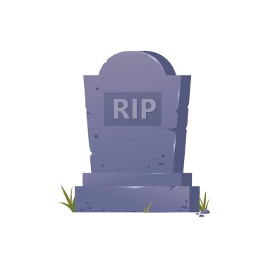 Başlığı RIP Illustrasyon olan eski taş mezar taşı, beyaz zemin üzerinde çimen izole mezar taşı